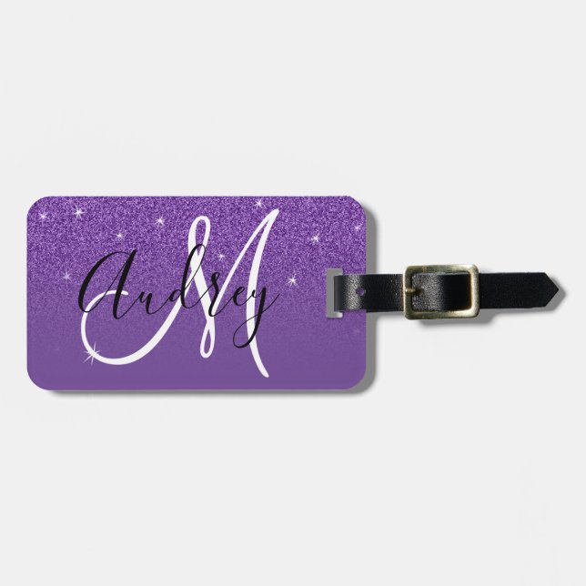 Royal Purple Glitter Ombre Personalised Monogram Luggage Tag (Front Horizontal)