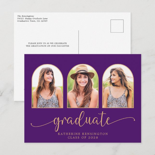 Royal Purple Gold Arch 3 Photo Graduation Announcement Postcard (Front/Back)