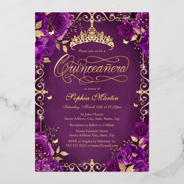 Royal Purple Gold Butterfly Rose Quinceanera (Front)