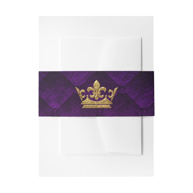 Royal Purple & Gold Crown Storybook Wedding Invitation Belly Band (Front Example)