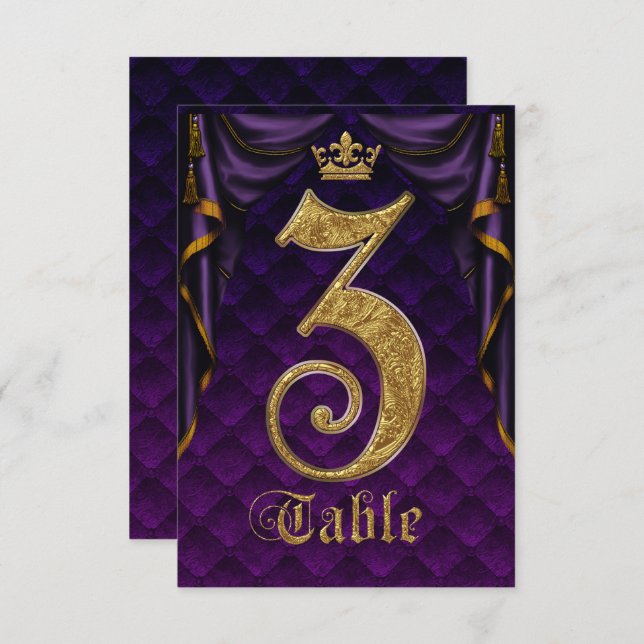 Royal Purple Gold Crown Wedding Table Number 3 (Front/Back)