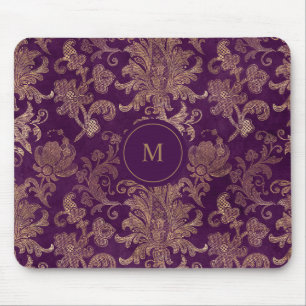royal purple gold damask monogram mouse mat