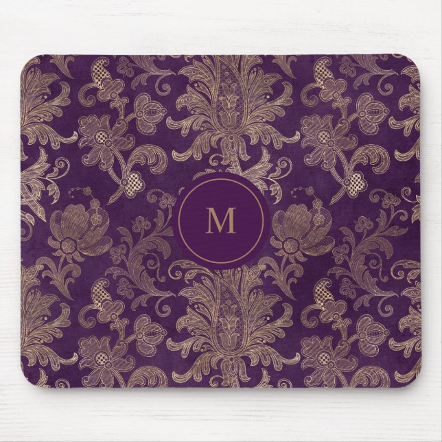 royal purple gold damask monogram mouse mat (Front)