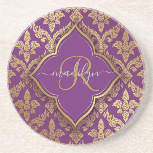 Royal Purple Gold Damask Pattern Fleur Monogram Coaster