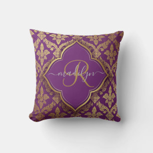 Royal Purple Gold Damask Pattern Fleur Monogram Cushion