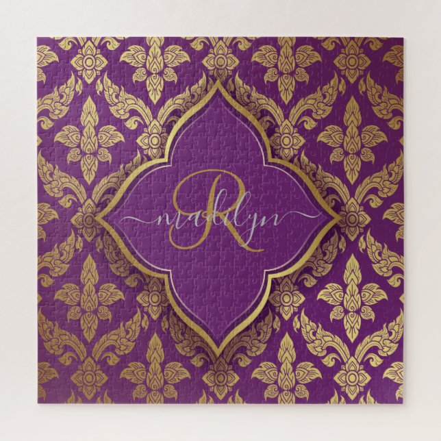 Royal Purple Gold Damask Pattern Fleur Monogram Jigsaw Puzzle (Vertical)