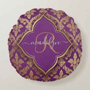 Royal Purple Gold Damask Pattern Fleur Monogram Round Cushion