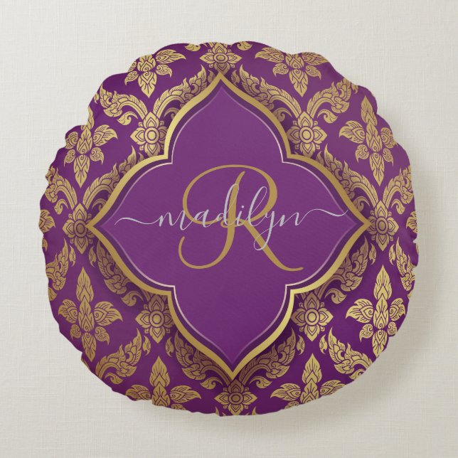 Royal Purple Gold Damask Pattern Fleur Monogram Round Cushion (Front)