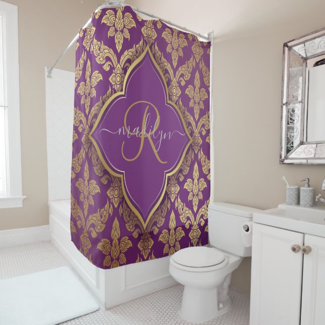 Royal Purple Gold Damask Pattern Fleur Monogram Shower Curtain (In Situ)