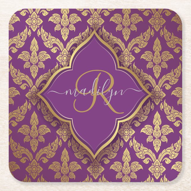 Royal Purple Gold Damask Pattern Fleur Monogram Square Paper Coaster (Front)