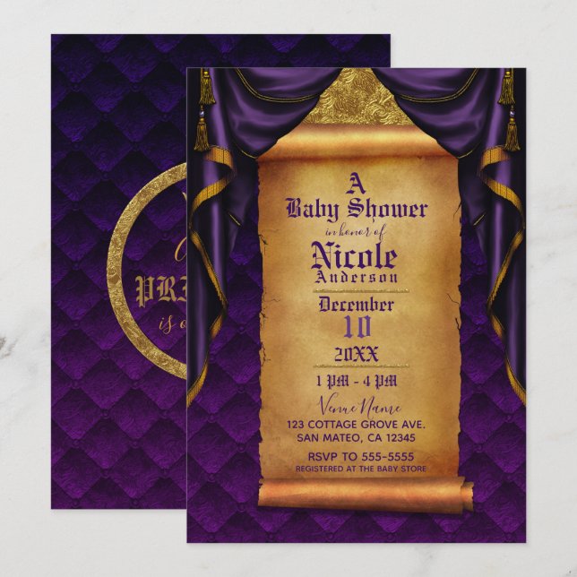 Royal Purple & Gold Drapes Scroll Baby Shower Invitation (Front/Back)