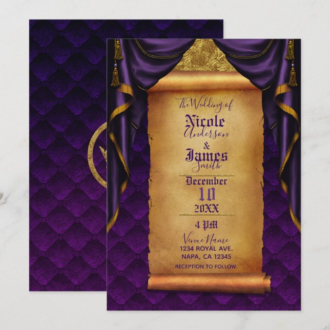 Royal Purple & Gold Drapes Scroll Wedding Invitation (Front/Back)