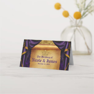 Royal Purple & Gold Drapes Scroll Wedding Table Place Card