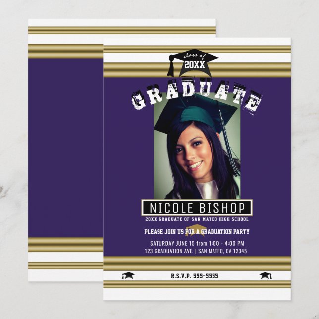 Royal Purple Gold Elegant Photo Graduation Party Invitation (Front/Back)
