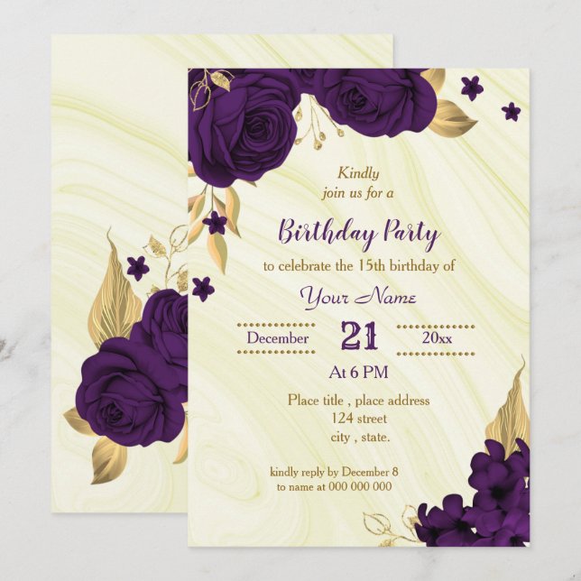 royal purple gold floral birthday party invitation (Front/Back)