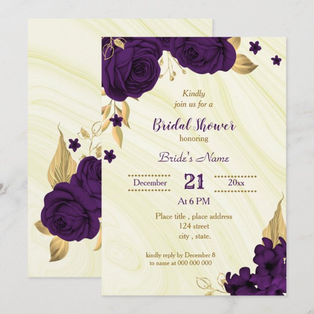 royal purple gold floral bridal shower invitation (Front/Back)