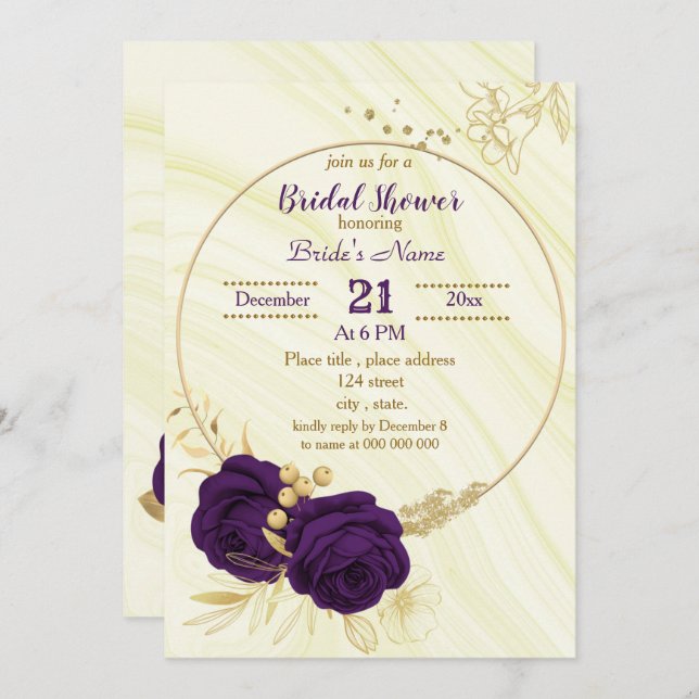 royal purple gold floral bridal shower invitation (Front/Back)
