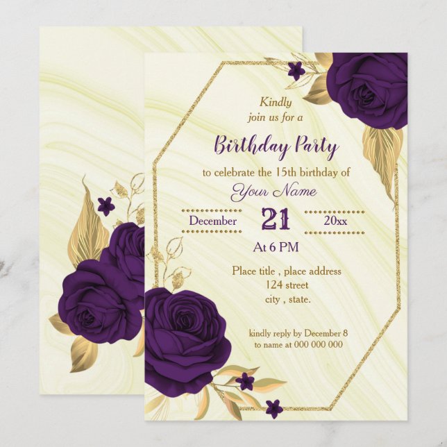 royal purple gold floral geometric birthday party invitation (Front/Back)