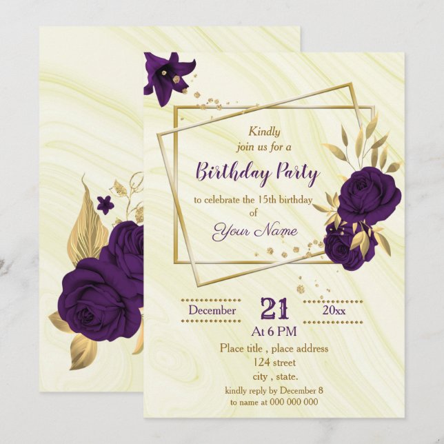 royal purple gold floral geometric birthday party invitation (Front/Back)