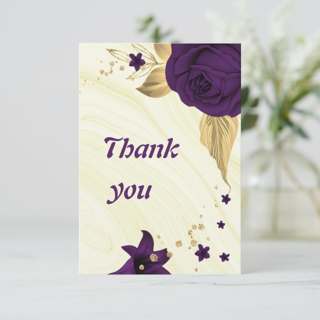 royal purple gold floral geometric thank you card (Standing Front)