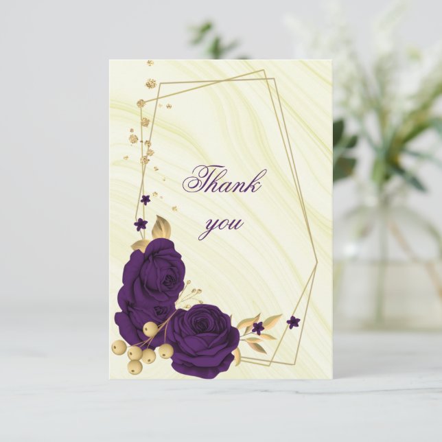 royal purple gold floral geometric thank you card (Standing Front)
