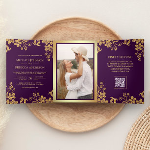 Royal Purple Gold Floral Leaves QR Code Wedding Tri-Fold Invitation