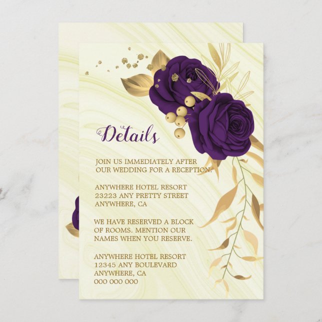 Royal purple gold floral marble details enclosure card (Front/Back)