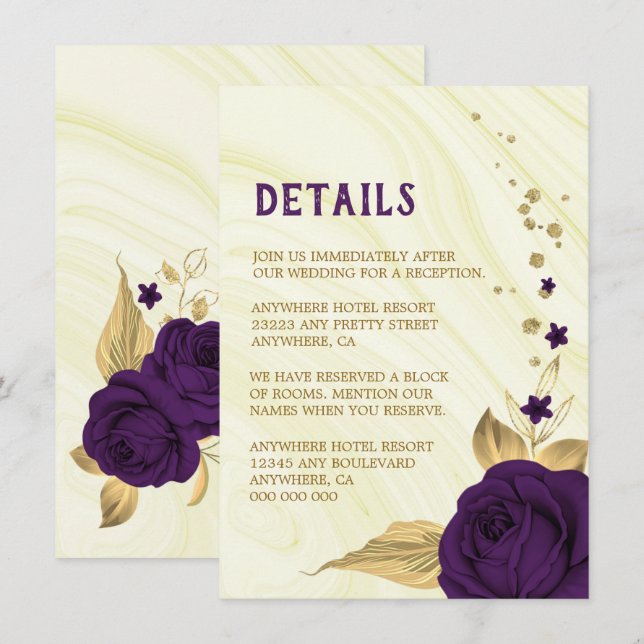 Royal purple gold floral marble details  enclosure card (Front/Back)