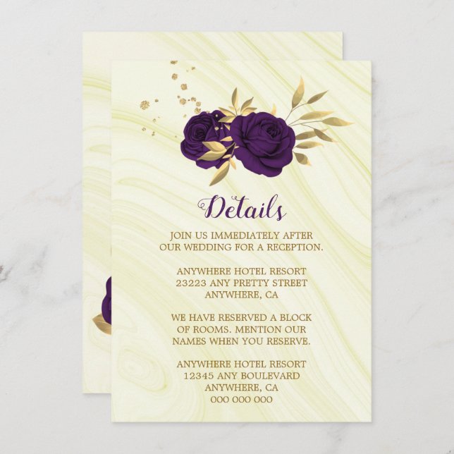 Royal purple gold floral marble details enclosure card (Front/Back)