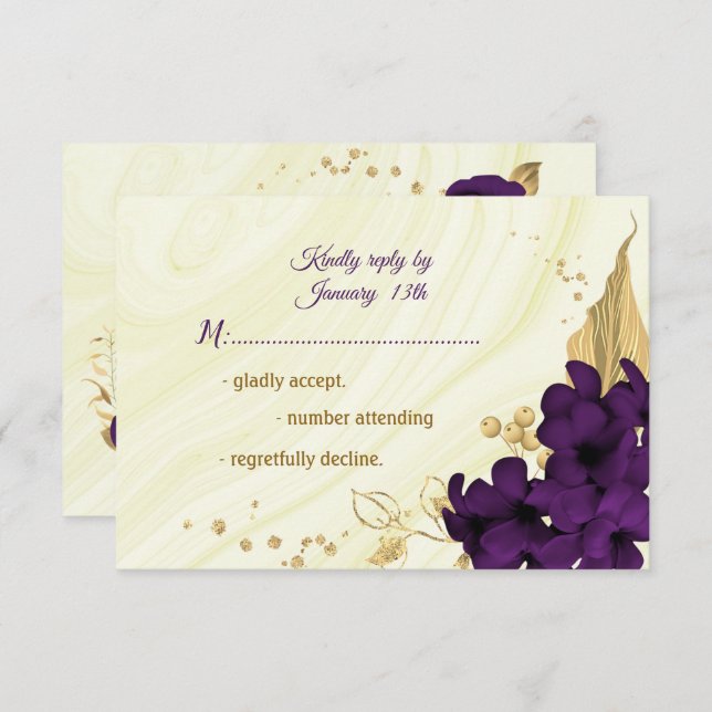 royal purple gold floral marble  RSVP card (Front/Back)