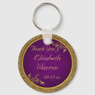 Royal Purple, Gold Floral Wedding Favour Keychain