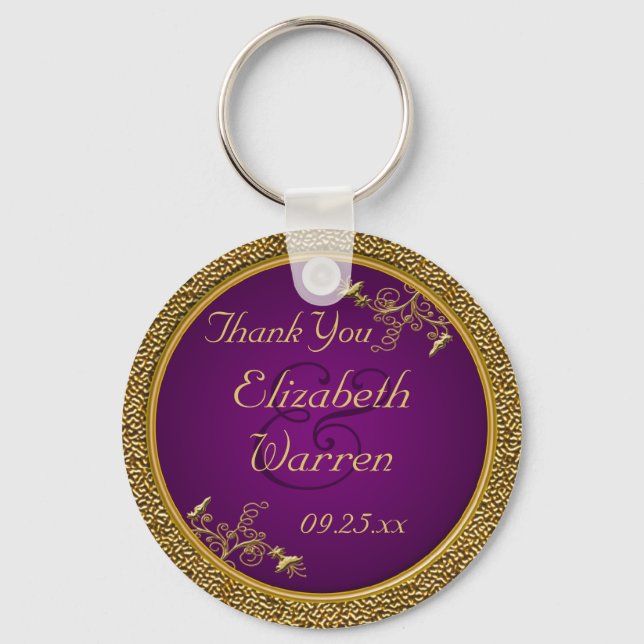 Royal Purple, Gold Floral Wedding Favour Keychain (Front)