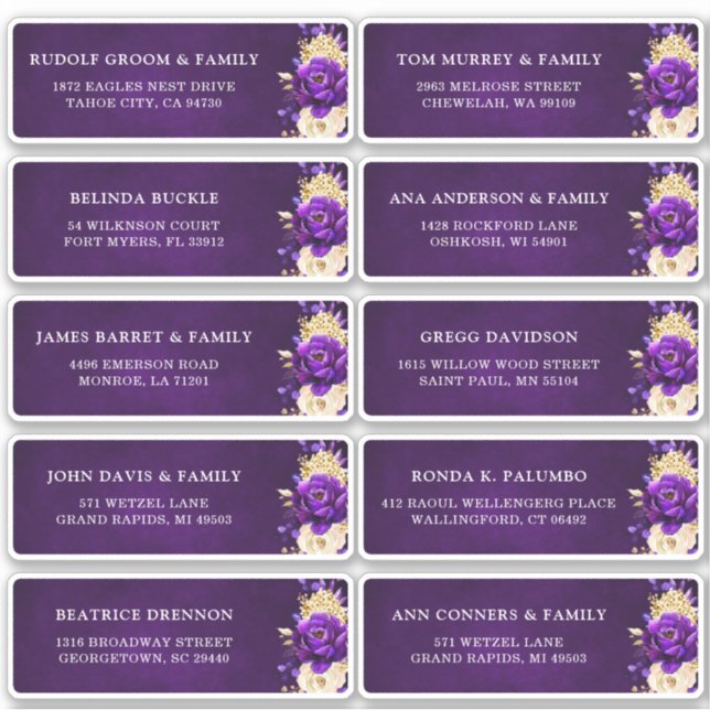 Royal Purple Gold Floral Wedding Guest Address  (Front)