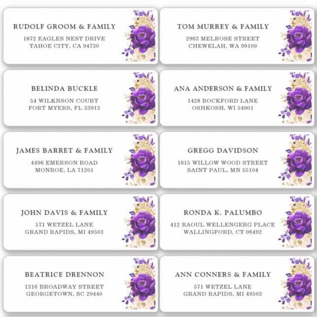 Royal Purple Gold Floral Wedding Guest Address  (Front)