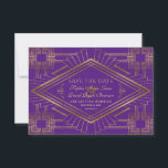 Royal Purple Gold Great Gatsby Wedding Save The Date<br><div class="desc">Elegant,  vintage card design featuring a faux gold sophisticated art deco style,  a royal fleur-de-lis ornaments on royal purple background. Use Personalise tool to add your info. For matching items,  please,  visit my Royal Gold Great Gatsby Collection.</div>