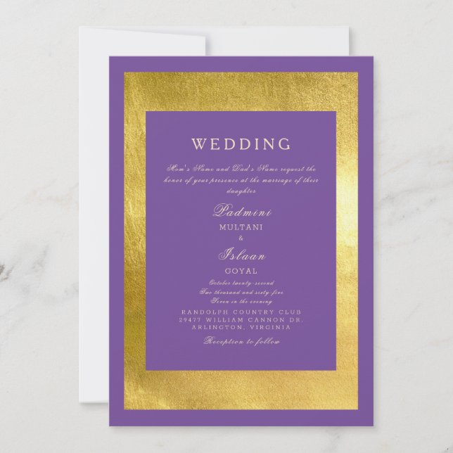 Royal Purple & Gold Indian Style Wedding Invitation (Front)