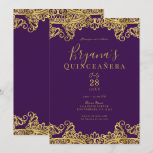 Royal Purple Gold Lace Elegant Quinceañera Party   Invitation