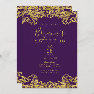 Royal Purple & Gold Lace Elegant Sweet 16 Party  Invitation