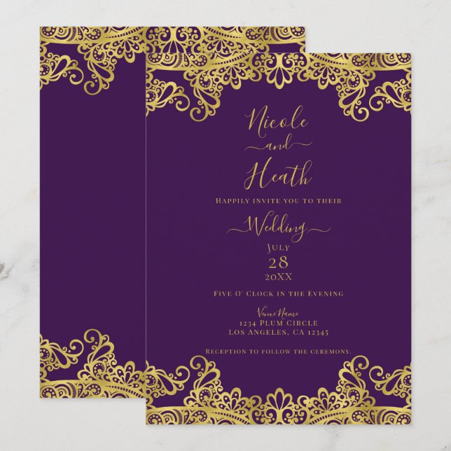Royal Purple & Gold Lace Elegant Wedding    Invitation (Front/Back)