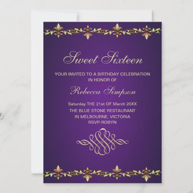 Royal Purple & Gold Leaf Birthday Invitation (Front)
