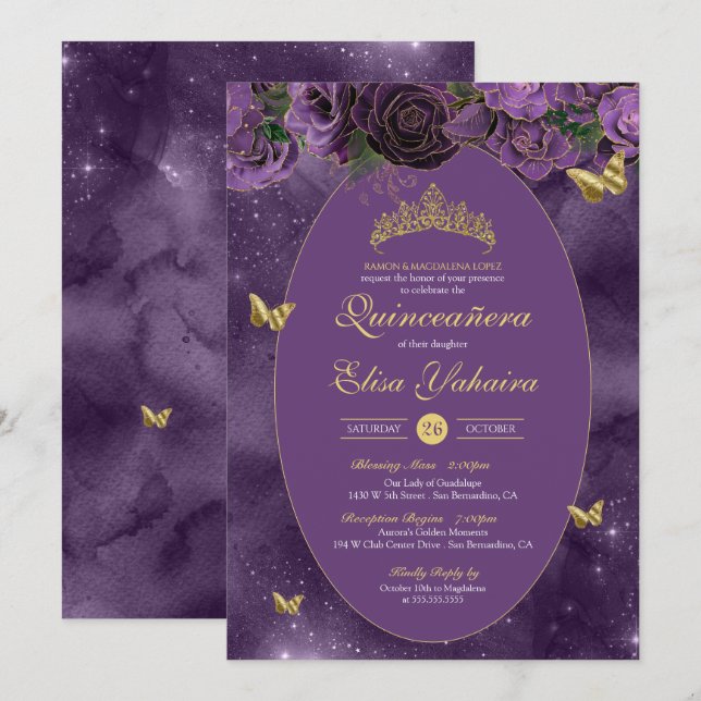 Royal Purple Gold Luxury Butterfly Quinceanera Invitation (Front/Back)