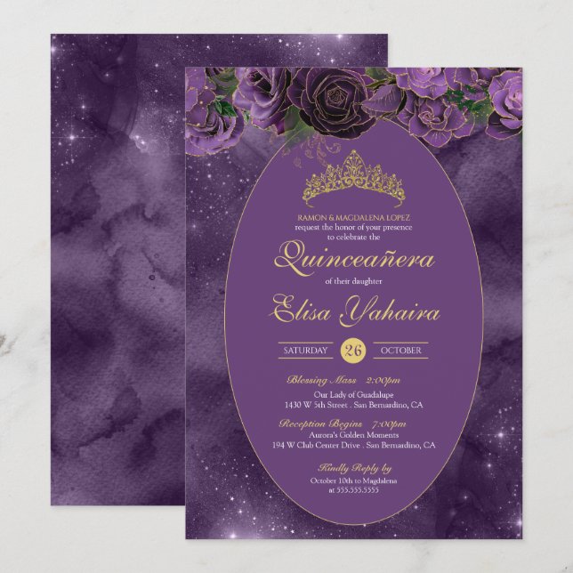 Royal Purple Gold Luxury Butterfly Quinceanera Invitation (Front/Back)