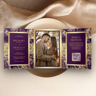 Royal Purple Gold Marble Photo QR Code Wedding Tri-Fold Invitation
