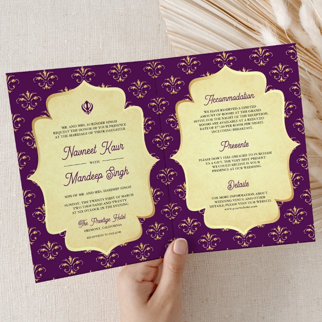 Royal Purple Gold Ornate Anand Karaj Sikh Wedding Invitation (Creator Uploaded)