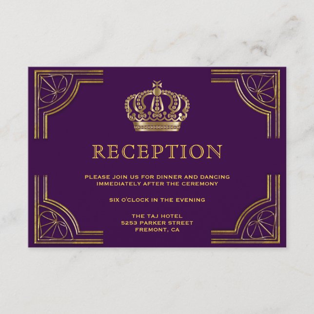 Royal Purple Gold Ornate Crown Reception Enclosure Card (Front)