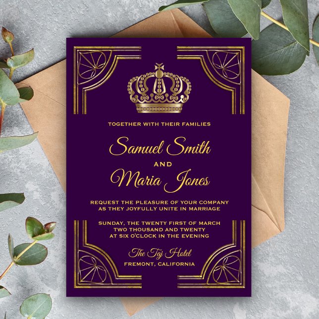 Royal Purple Gold Ornate Crown Wedding Invitation (Creator Uploaded)