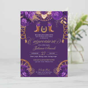 Royal Purple Gold Rose Country Western Quinceanera Invitation