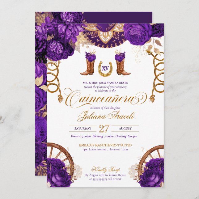 Royal Purple Gold Rose Country Western Quinceanera Invitation (Front/Back)