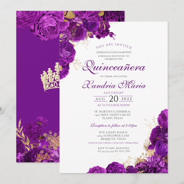 Royal Purple Gold Rose Floral Elegant Quinceanera Invitation (Front/Back)