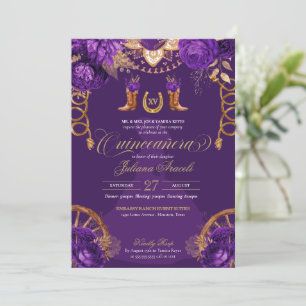 Royal Purple Gold Roses Charro Western Quinceanera Invitation